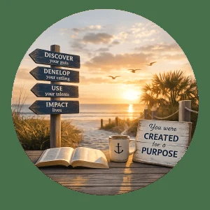 An open Bible and signs about discovering your purpose